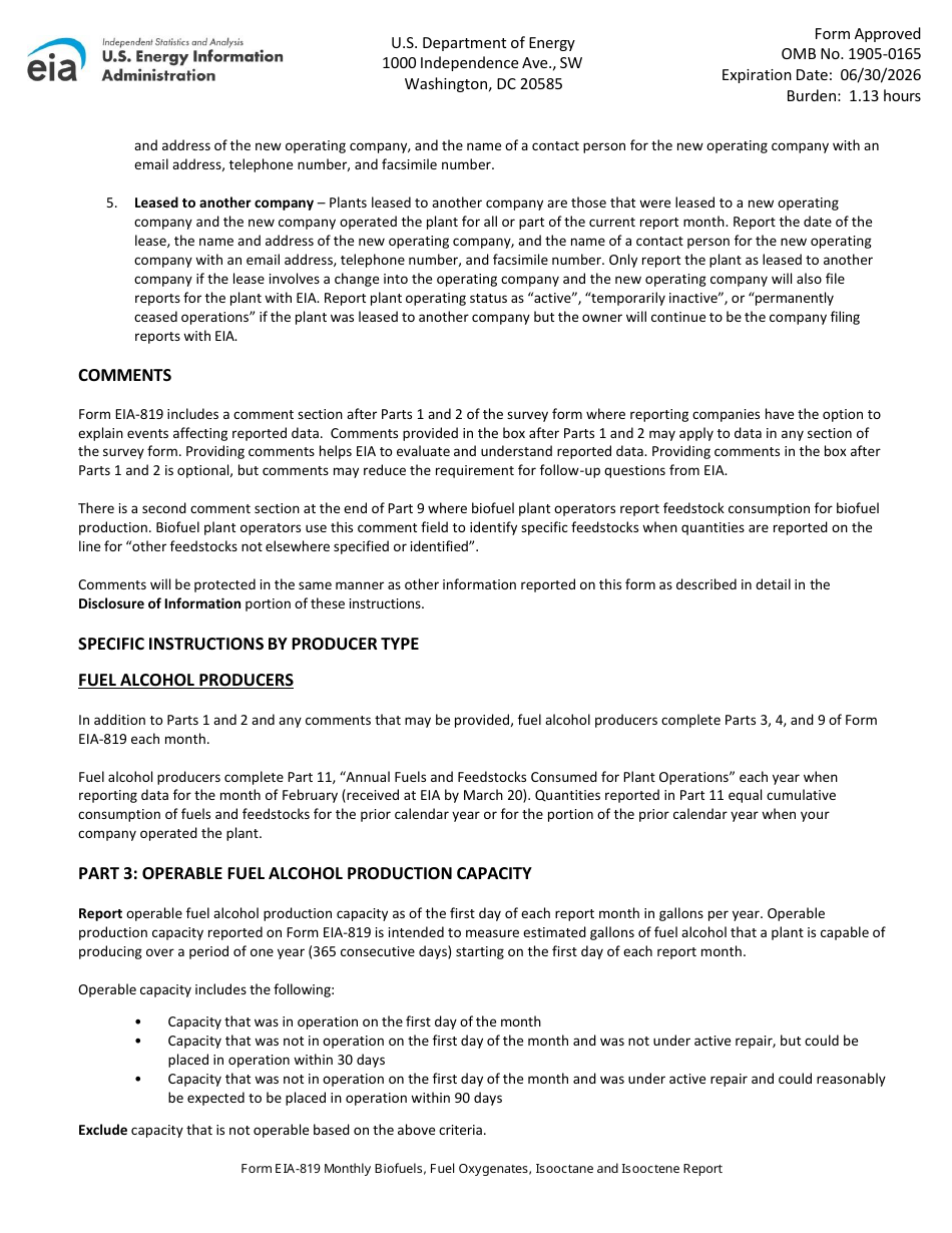 Download Instructions for Form EIA-819 Monthly Biofuels, Fuel ...