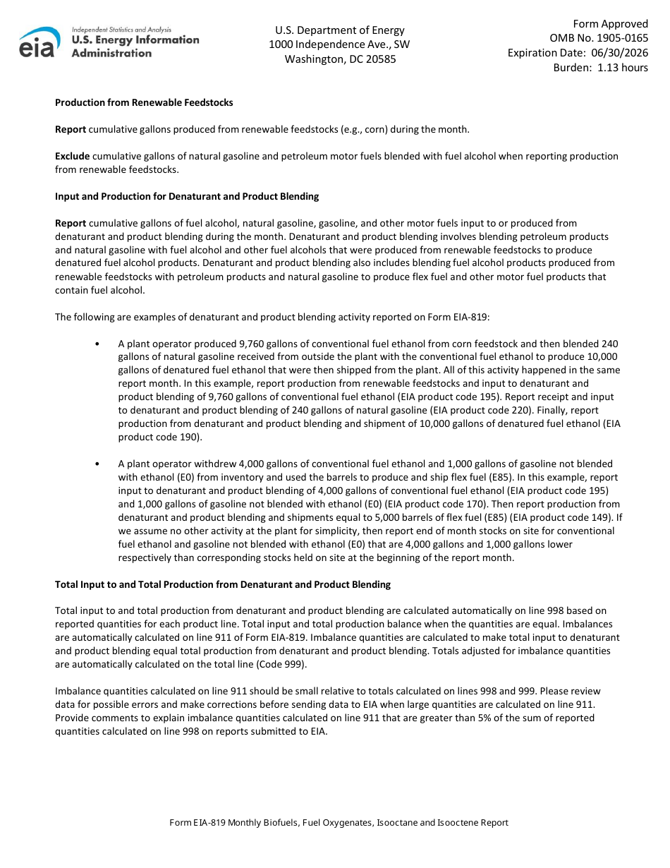 Instructions for Form EIA-819 Monthly Biofuels, Fuel Oxygenates, Isooctane and Isooctene Report, Page 7