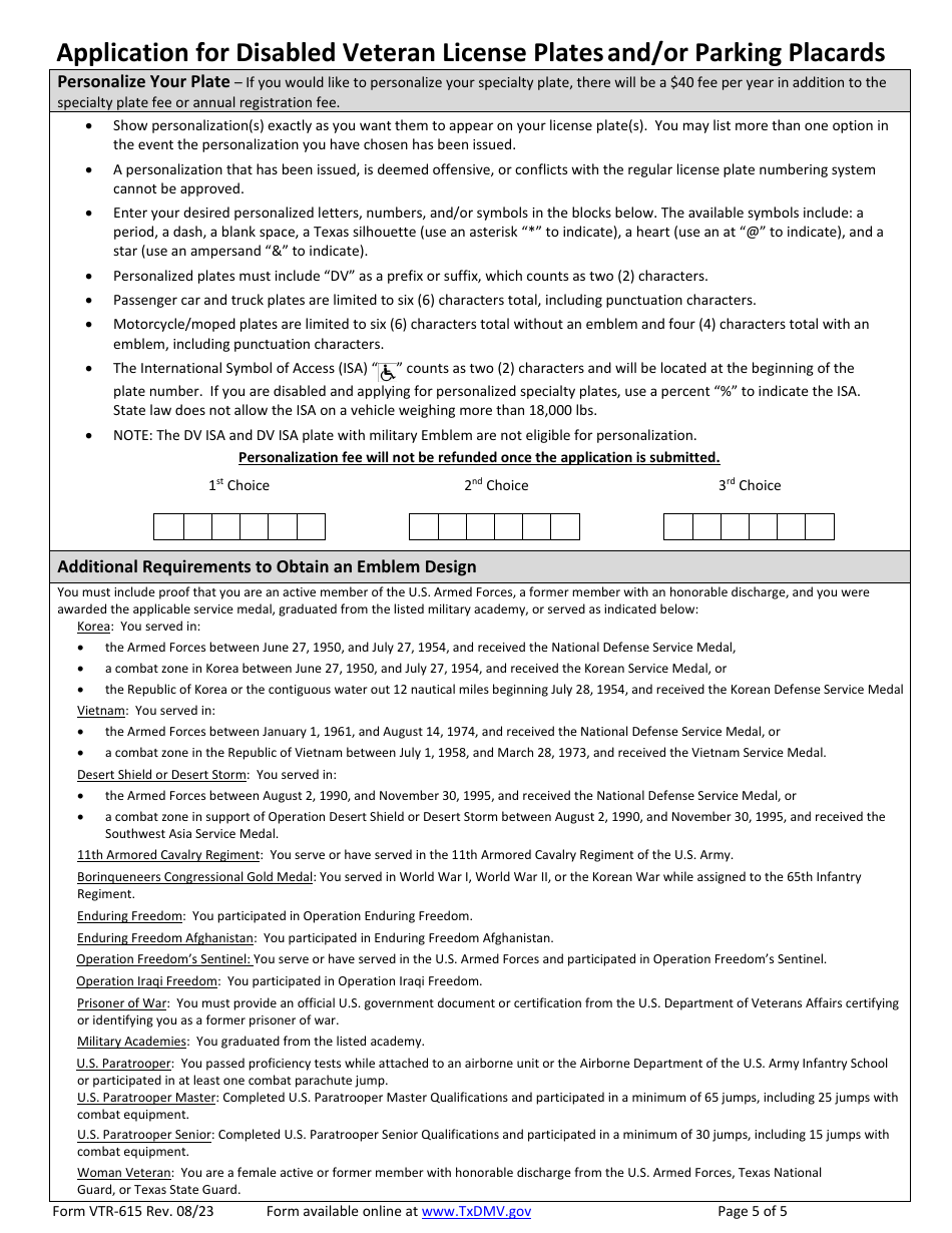 Form VTR-615 Download Fillable PDF or Fill Online Application for ...