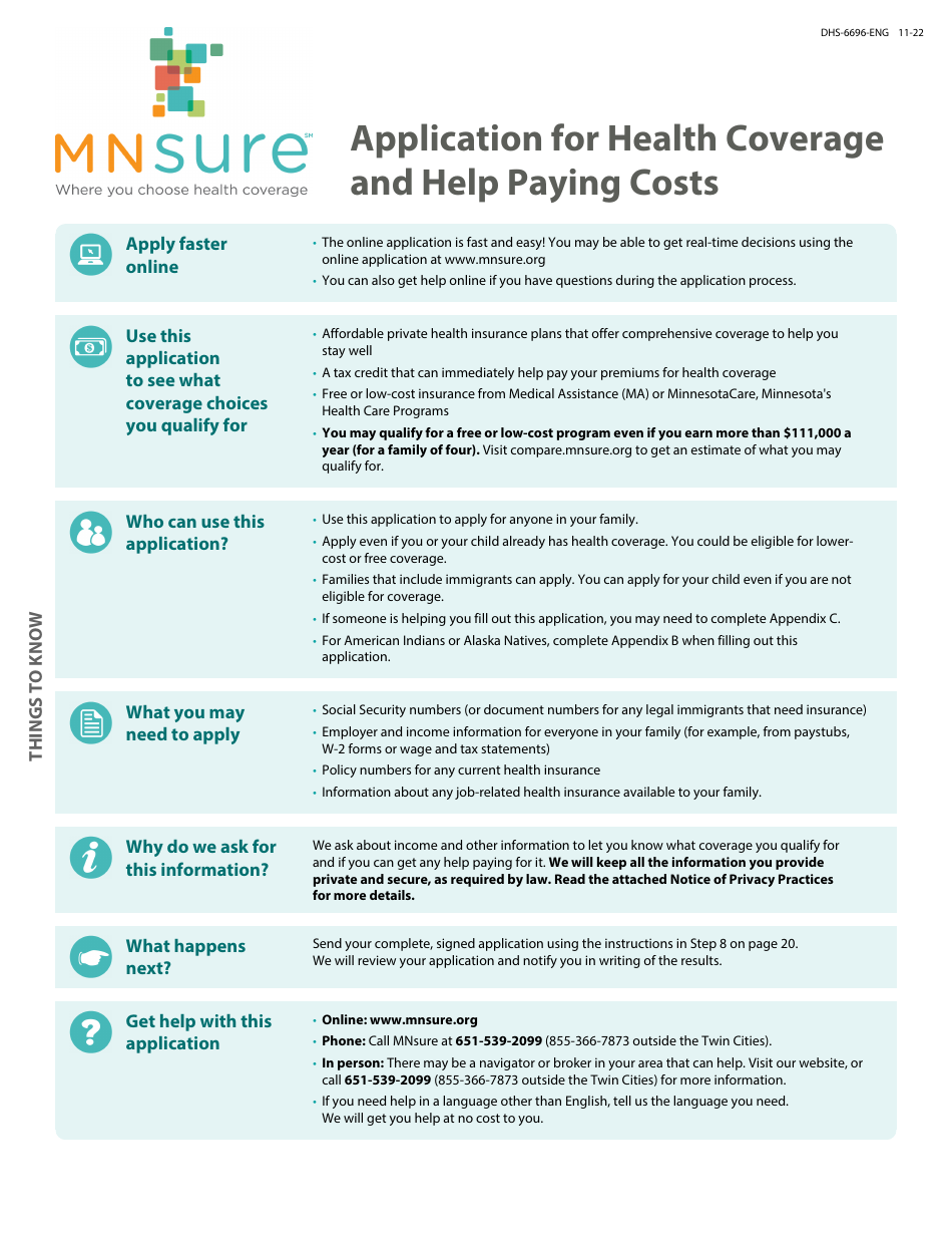 Form DHS-6696-ENG Application for Health Coverage and Help Paying Costs - Minnesota, Page 1