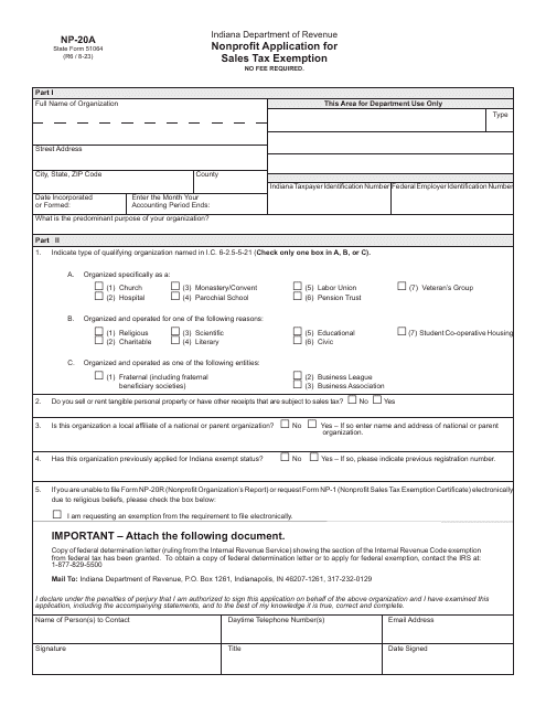 Form NP-20A (State Form 51064) Nonprofit Application for Sales Tax Exemption - Indiana