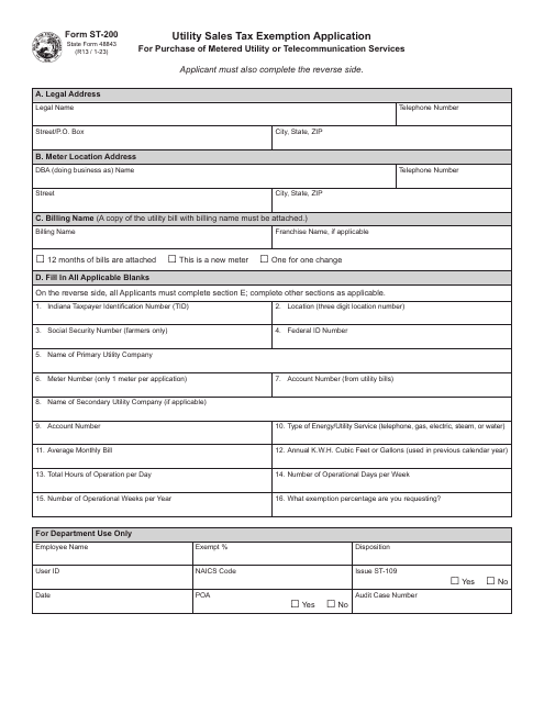 Form ST-200 (State Form 48843)  Printable Pdf
