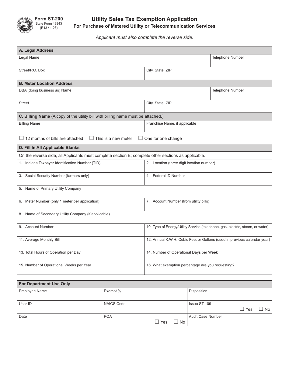 Form ST-200 (State Form 48843) Utility Sales Tax Exemption Application for Purchase of Metered Utility or Telecommunication Services - Indiana, Page 1
