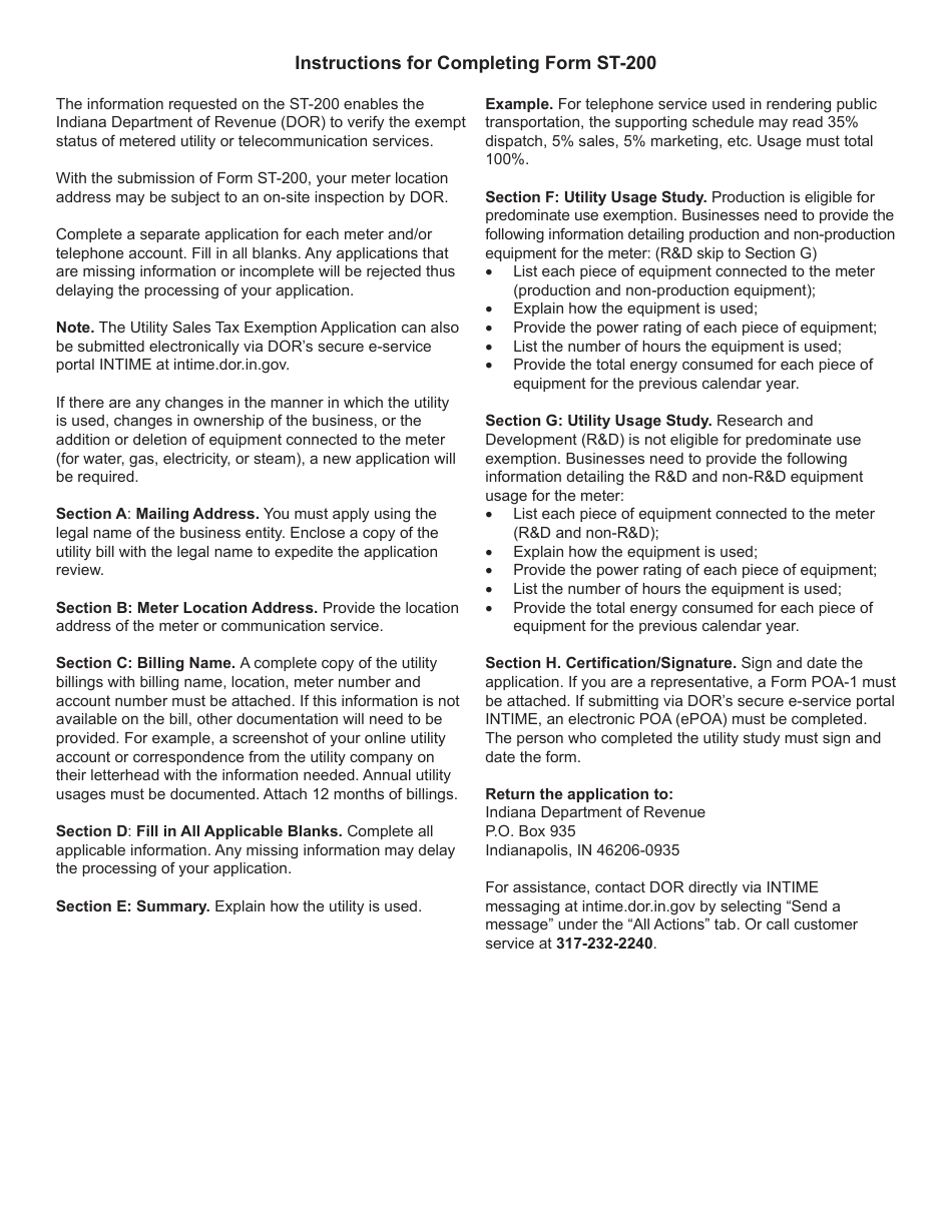 Form ST-200 (State Form 48843) Utility Sales Tax Exemption Application for Purchase of Metered Utility or Telecommunication Services - Indiana, Page 3