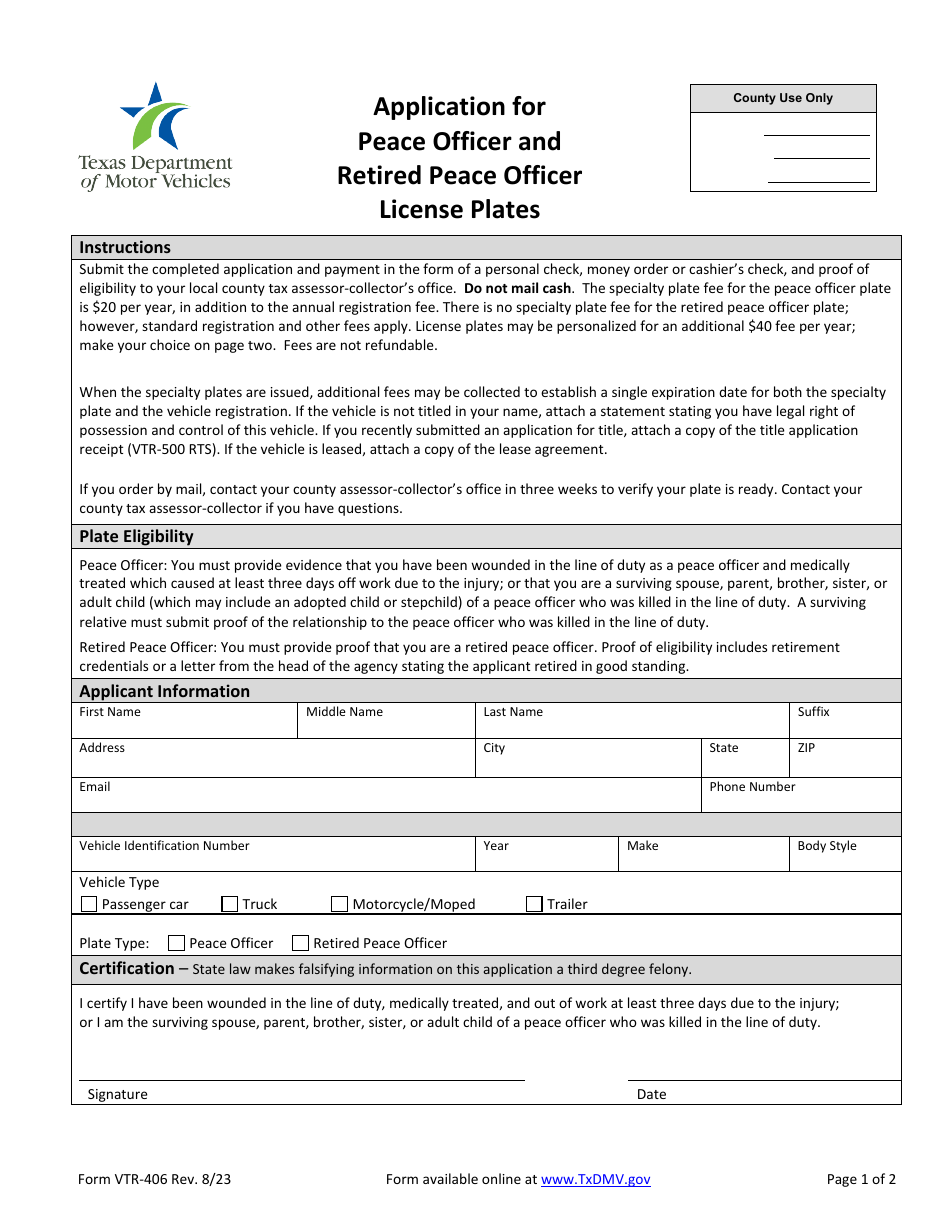 Form VTR-406 Application for Peace Officer and Retired Peace Officer License Plates - Texas, Page 1