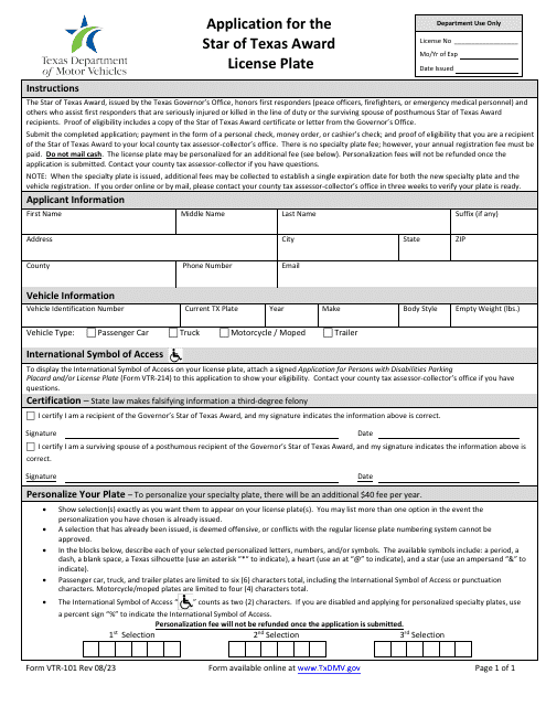 Form VTR-101 Application for the Star of Texas Award License Plate - Texas