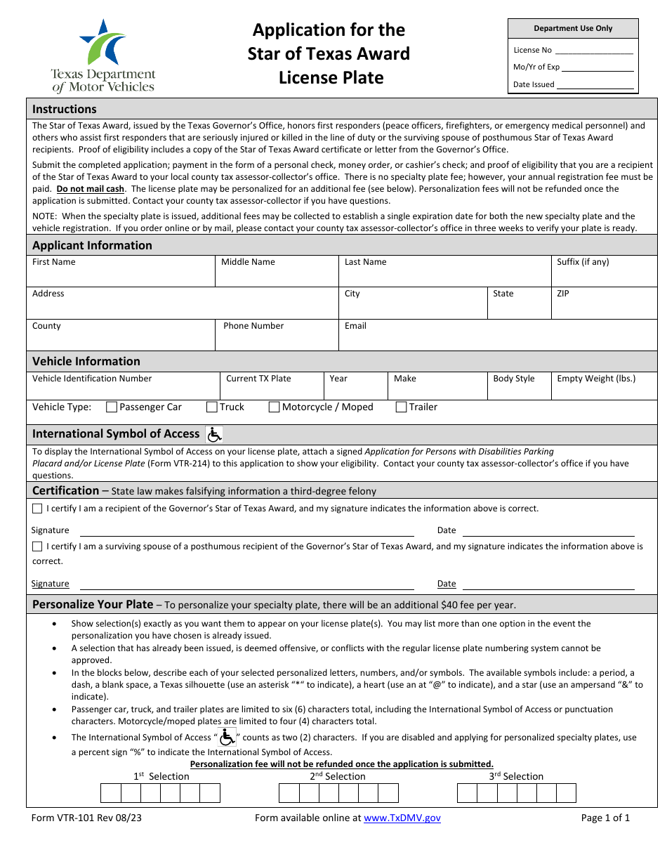 Form VTR-101 Application for the Star of Texas Award License Plate - Texas, Page 1