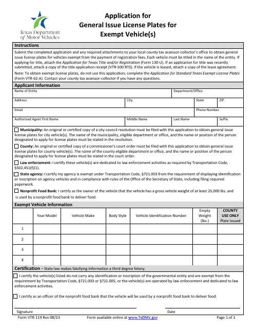 Form VTR-119 Application for General Issue License Plates for Exempt Vehicle(S) - Texas