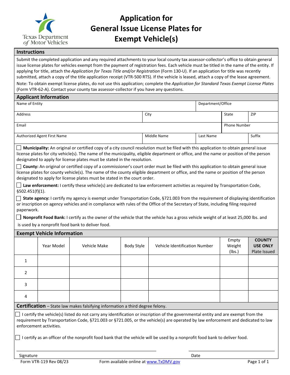 Form VTR-119 Application for General Issue License Plates for Exempt Vehicle(S) - Texas, Page 1