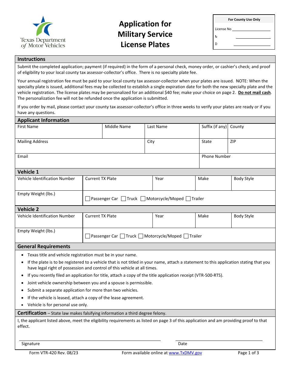 Form VTR-420 Application for Military Service License Plates - Texas, Page 1