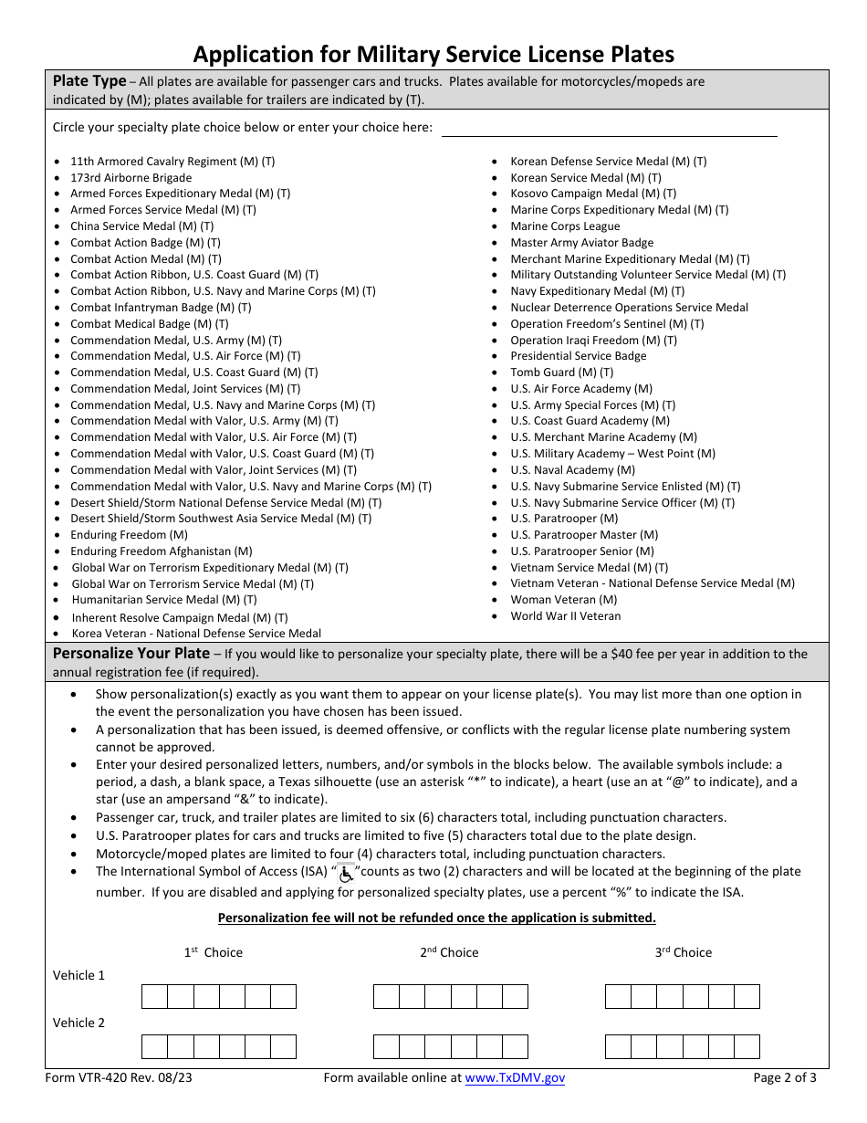 Form VTR-420 Application for Military Service License Plates - Texas, Page 2