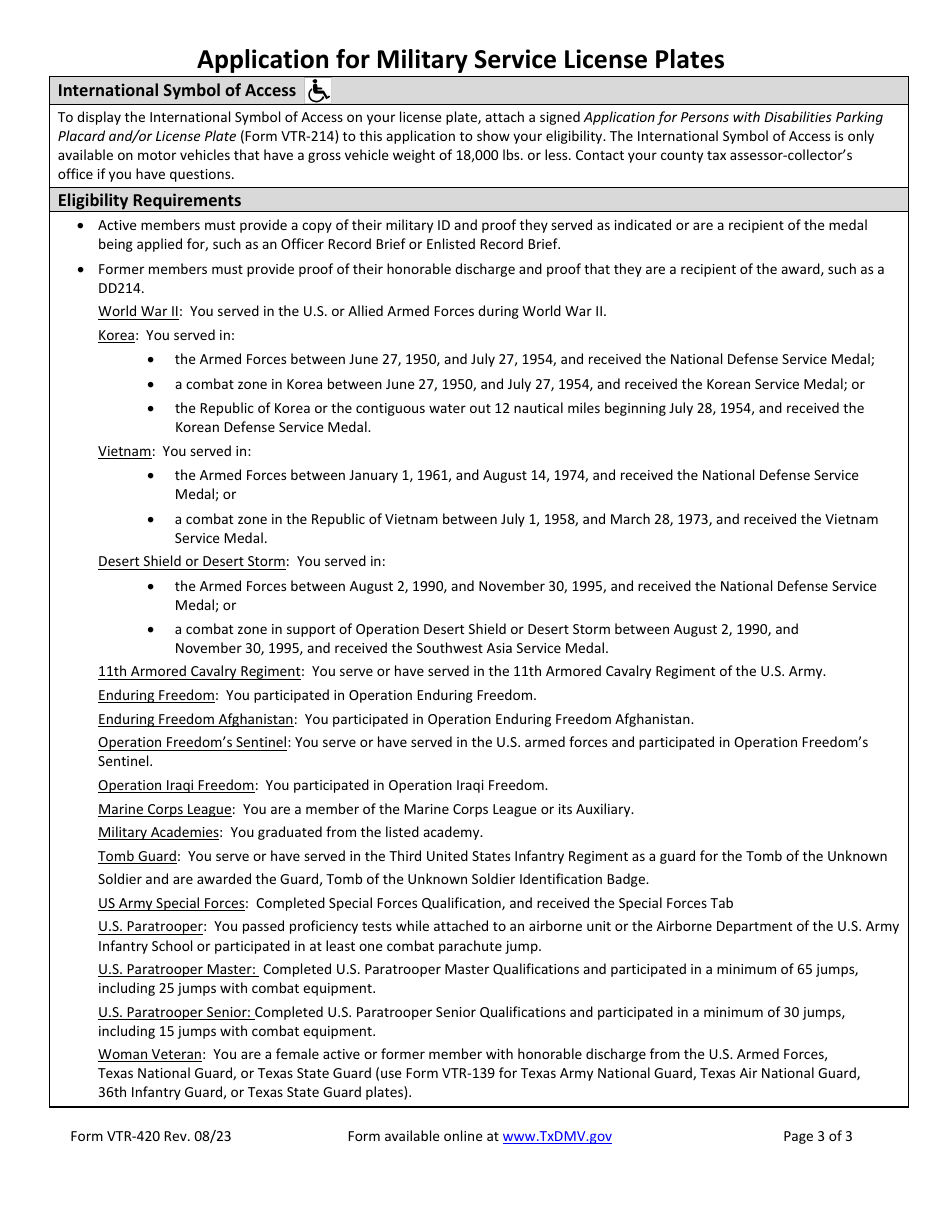 Form VTR-420 Application for Military Service License Plates - Texas, Page 3