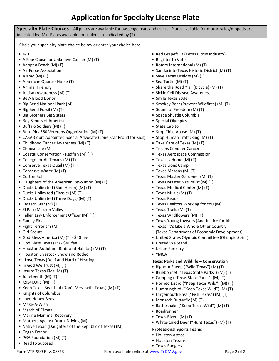 Form VTR-999 Application for Specialty License Plate - Texas, Page 2
