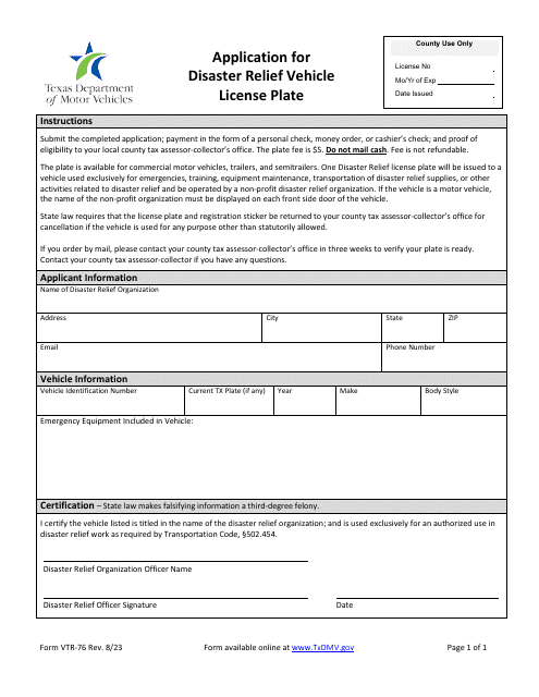 Form VTR-76 Application for Disaster Relief Vehicle License Plate - Texas