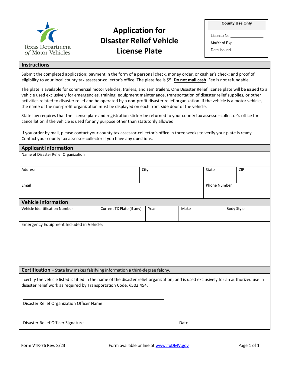 Form VTR-76 Application for Disaster Relief Vehicle License Plate - Texas, Page 1