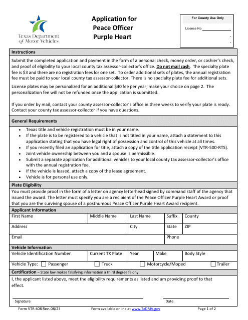 Form VTR-408 Application for Peace Officer Purple Heart - Texas