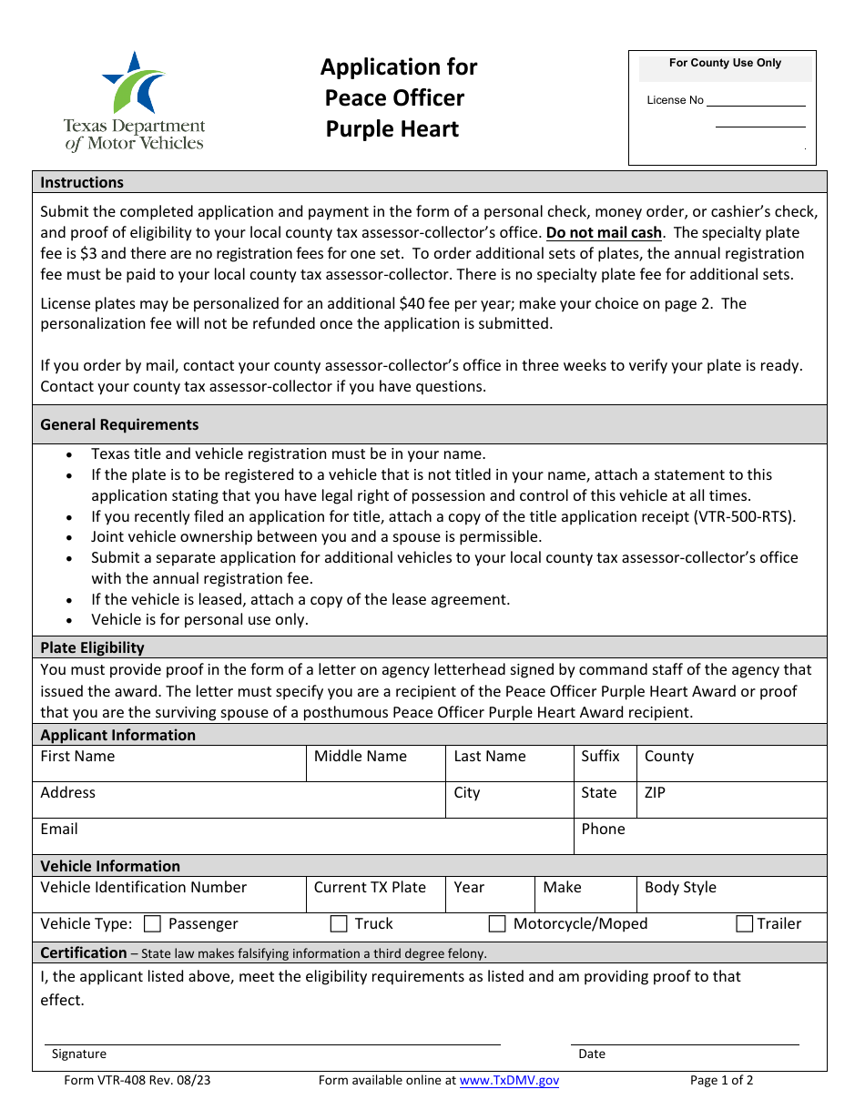 Form VTR-408 Application for Peace Officer Purple Heart - Texas, Page 1