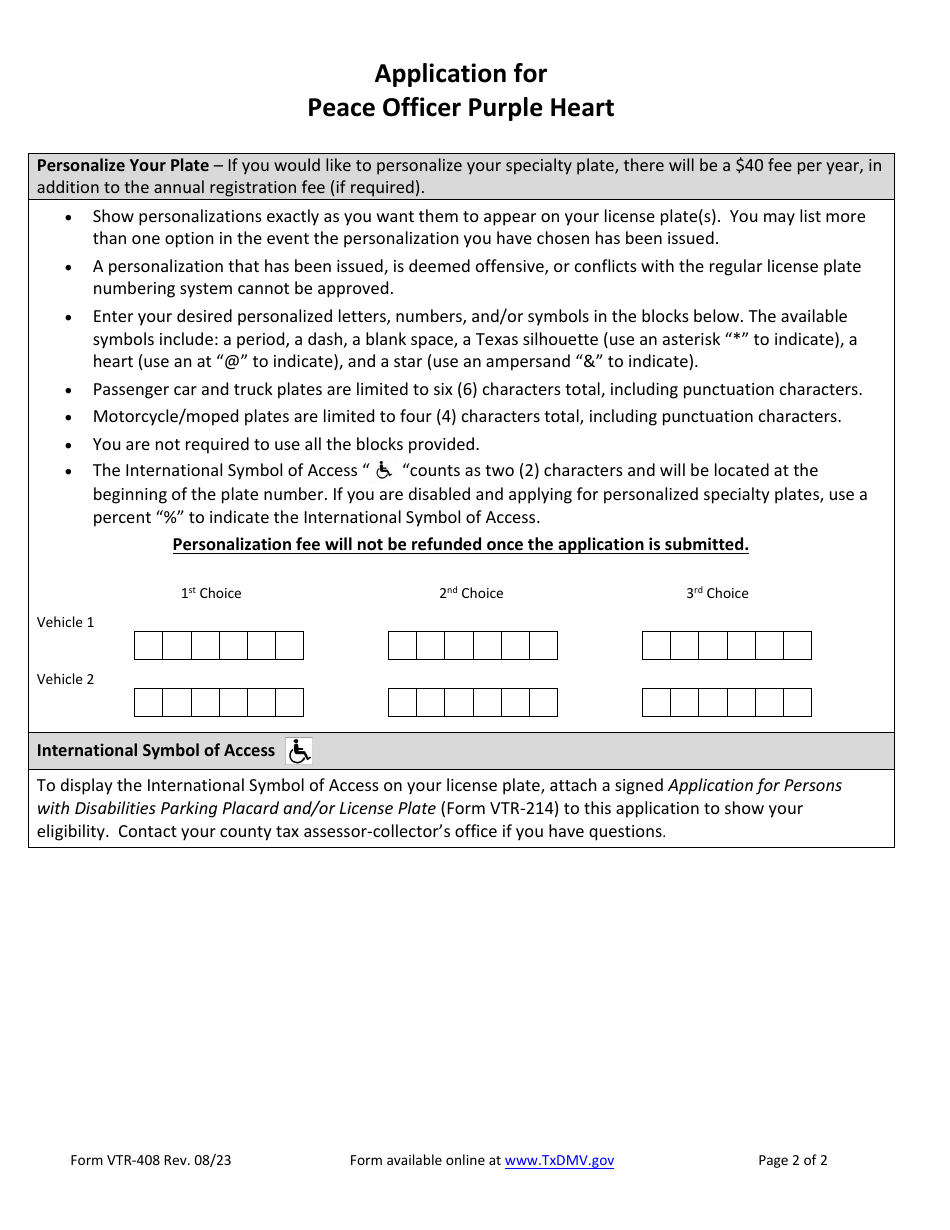 Form VTR-408 Application for Peace Officer Purple Heart - Texas, Page 2