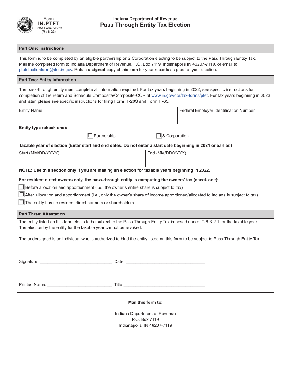 Form IN-PTET (State Form 57223) Pass Through Entity Tax Election - Indiana, Page 1