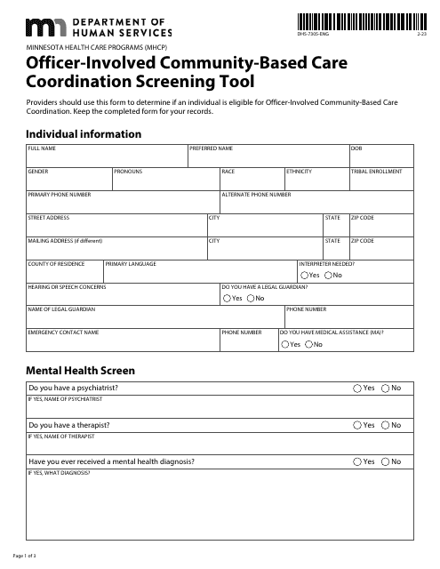 Form DHS-7305-ENG Officer-Involved Community-Based Care Coordination Screening Tool - Minnesota