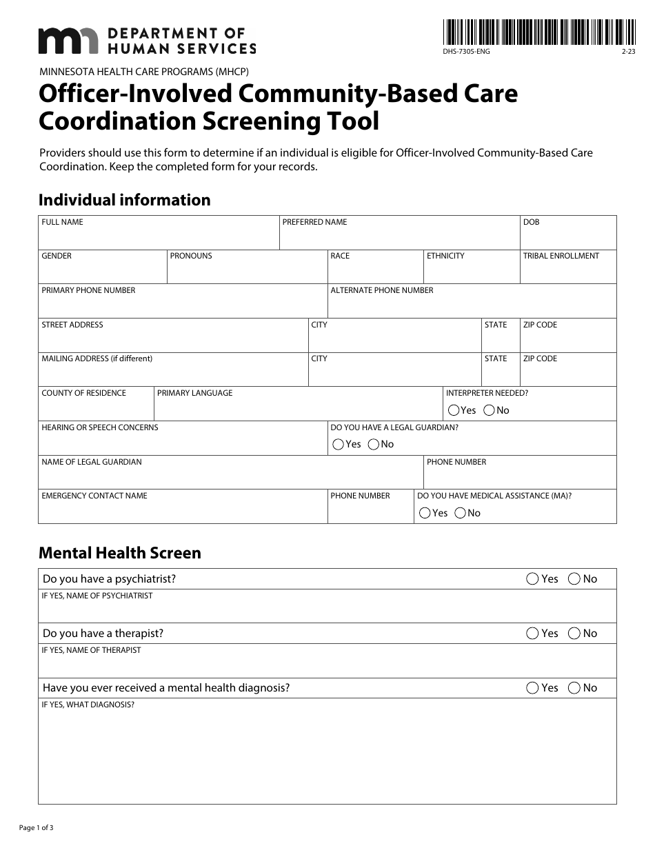 Form DHS-7305-ENG Officer-Involved Community-Based Care Coordination Screening Tool - Minnesota, Page 1