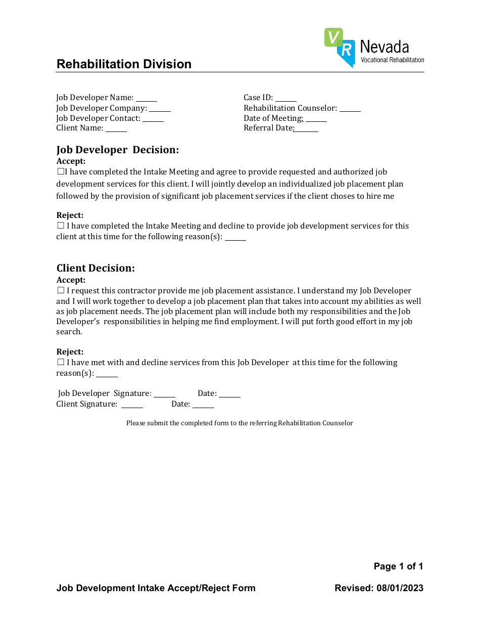 Job Development Intake Accept / Reject Form - Nevada, Page 1
