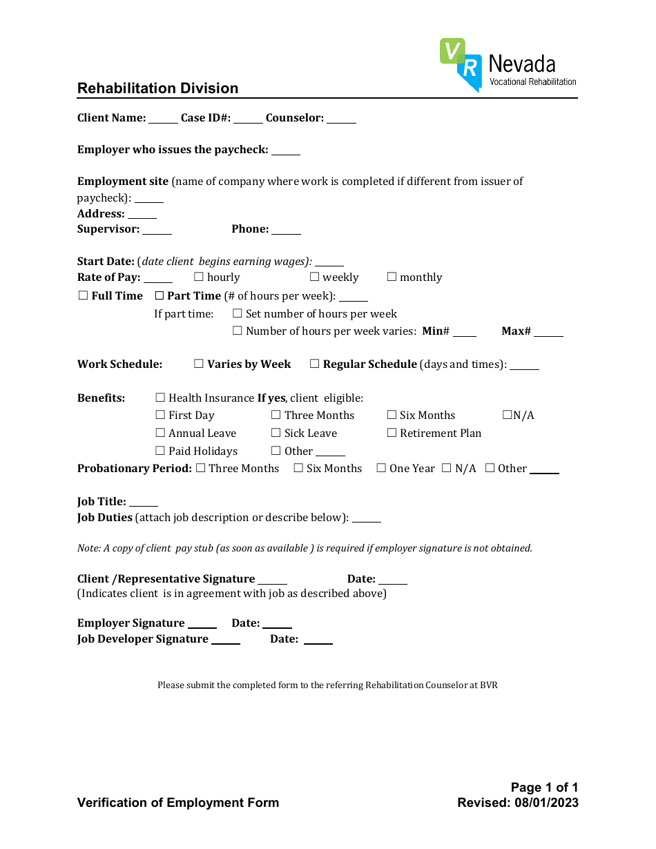 Verification of Employment Form - Nevada, Page 1