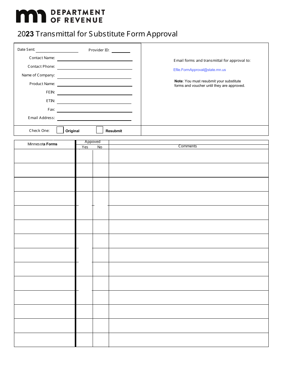 Transmittal for Substitute Form Approval - Minnesota, Page 1