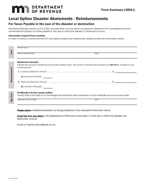 Form LODA-1 Local Option Disaster Abatements - Reimbursements - Minnesota