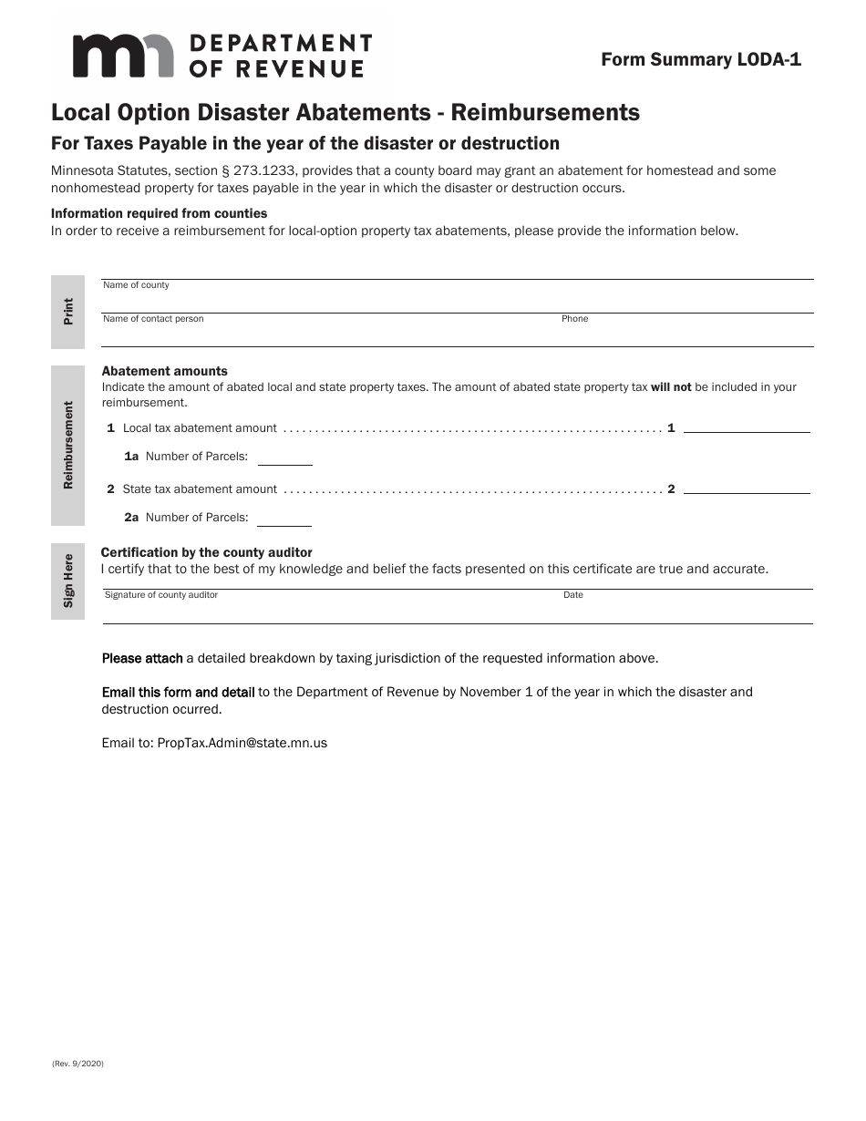 Form LODA-1 Local Option Disaster Abatements - Reimbursements - Minnesota, Page 1