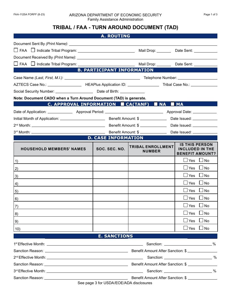 Form FAA-1125A Tribal / FAA - Turn Around Document (Tad) - Arizona, Page 1