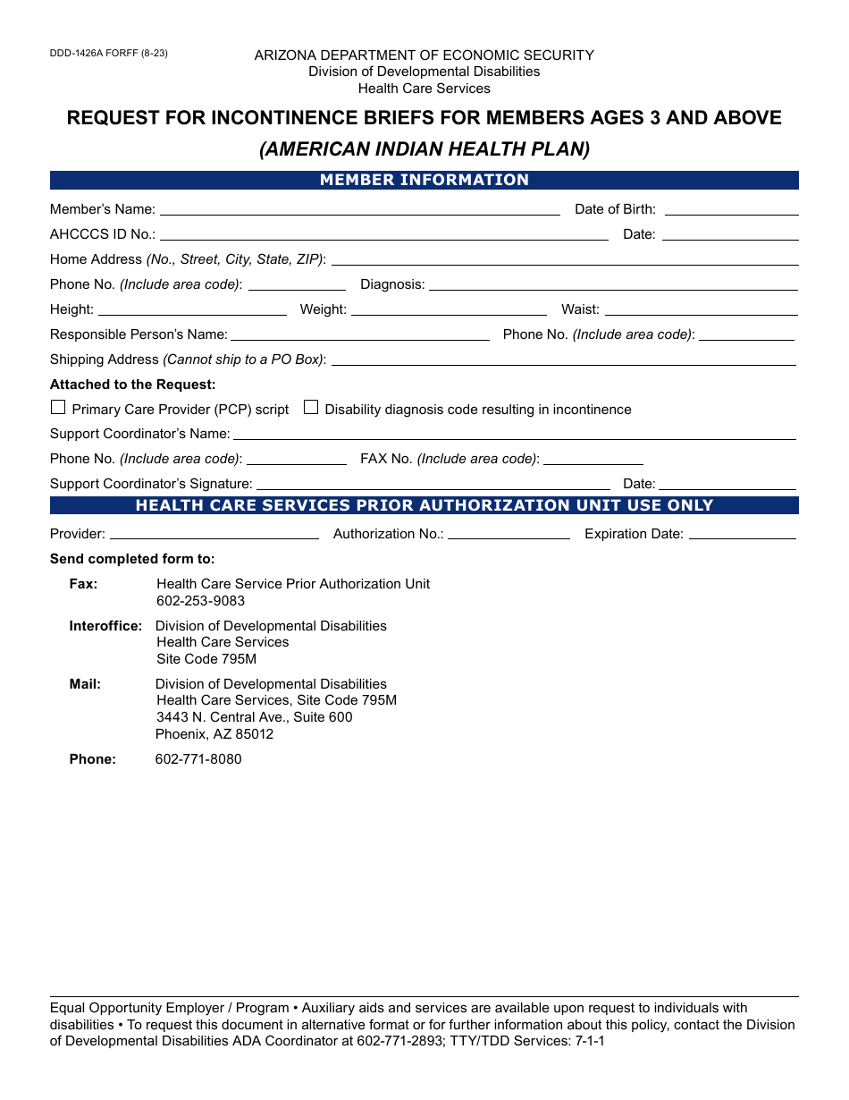 Form DDD-1426A Request for Incontinence Briefs for Members Ages 3 and Above - Arizona, Page 1