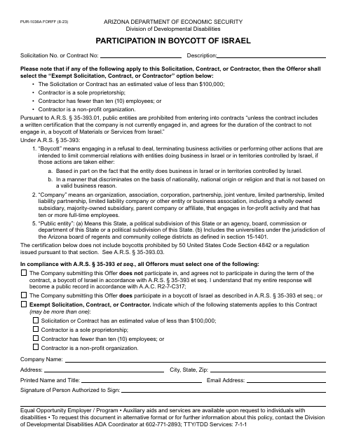 Form PUR-1036A Participation in Boycott of Israel - Arizona