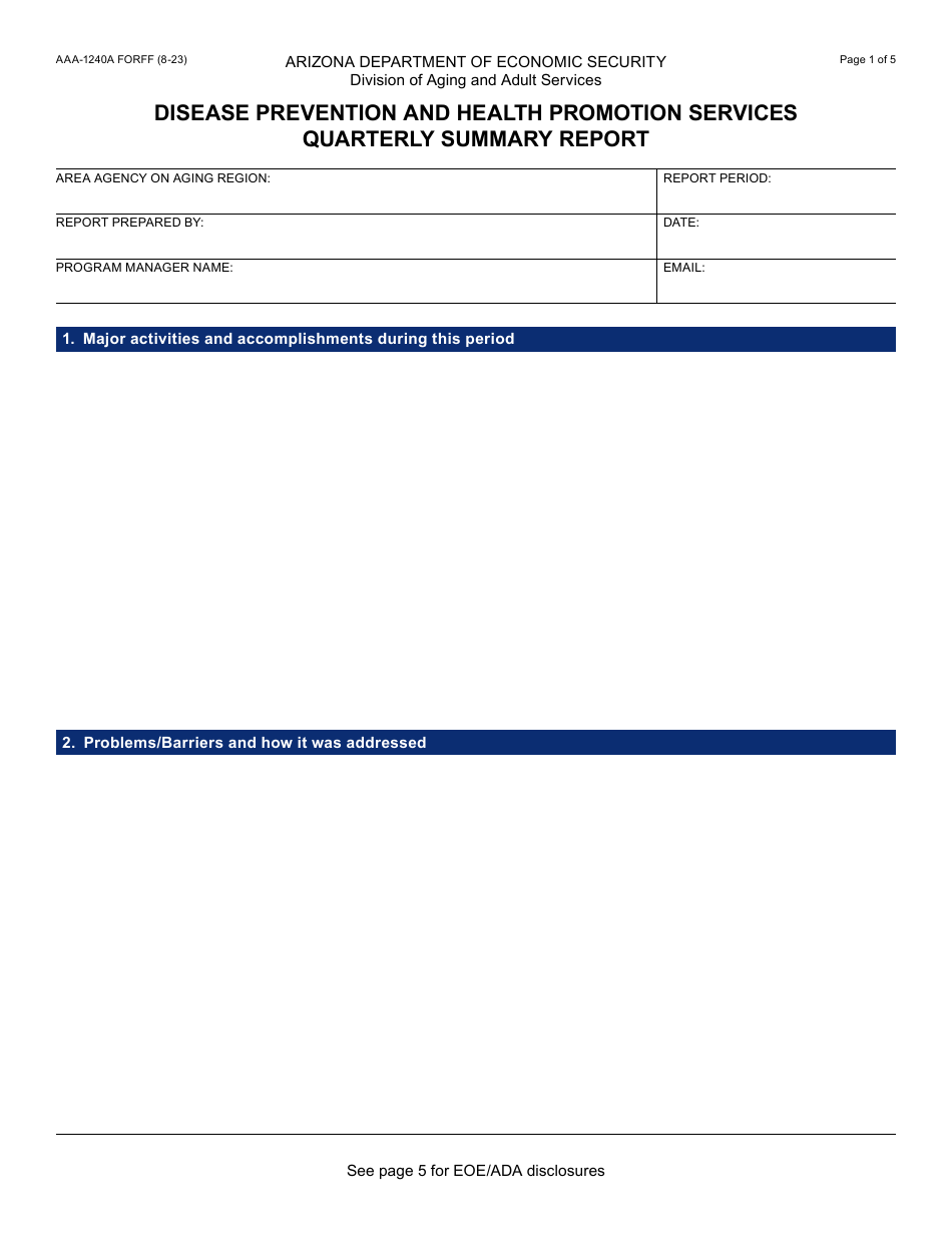 Form AAA-1240A Disease Prevention and Health Promotion Services Quarterly Summary Report - Arizona, Page 1