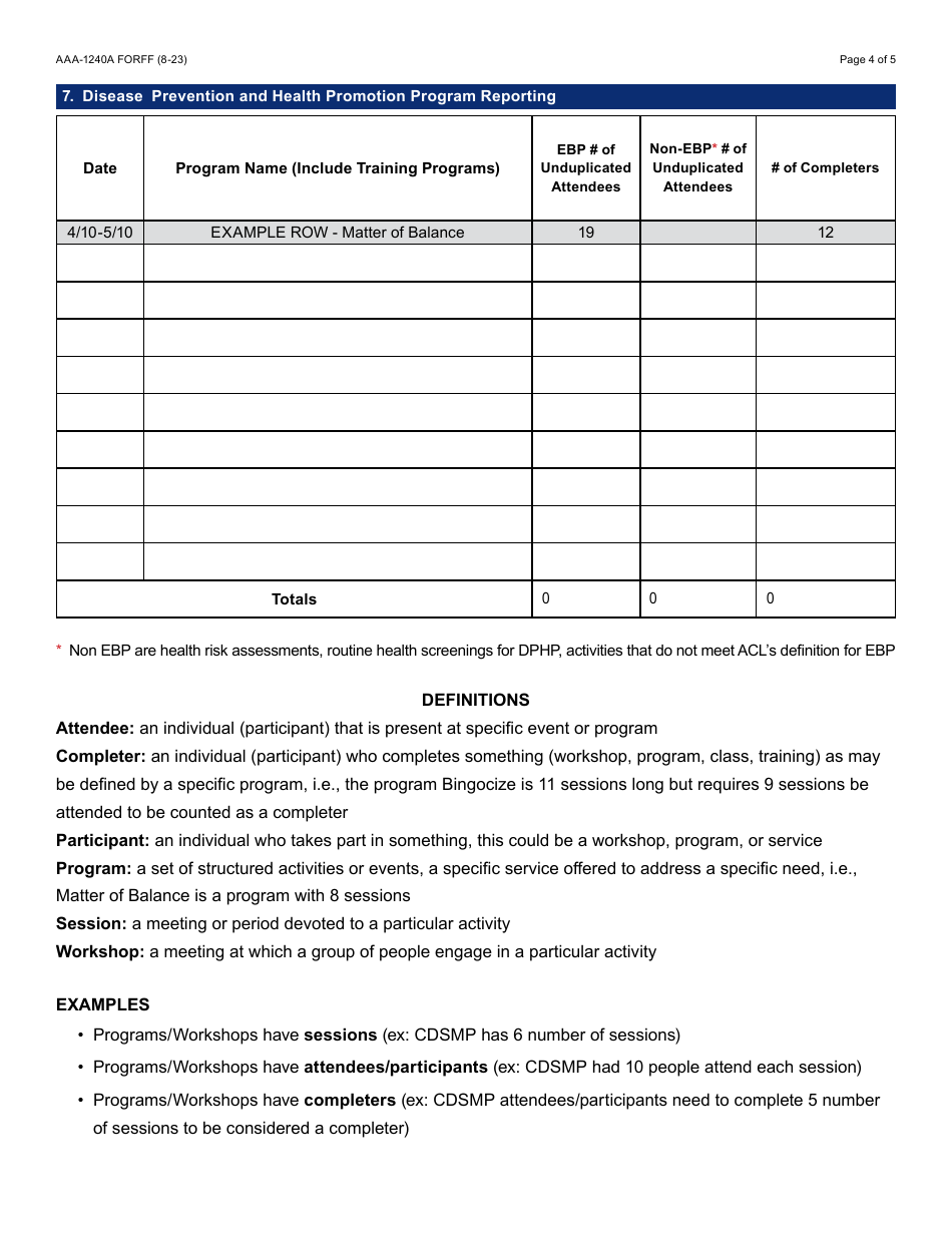 Form AAA-1240A Disease Prevention and Health Promotion Services Quarterly Summary Report - Arizona, Page 4