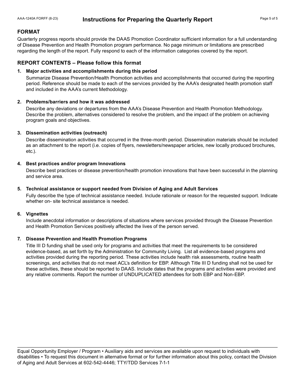 Form AAA-1240A Disease Prevention and Health Promotion Services Quarterly Summary Report - Arizona, Page 5