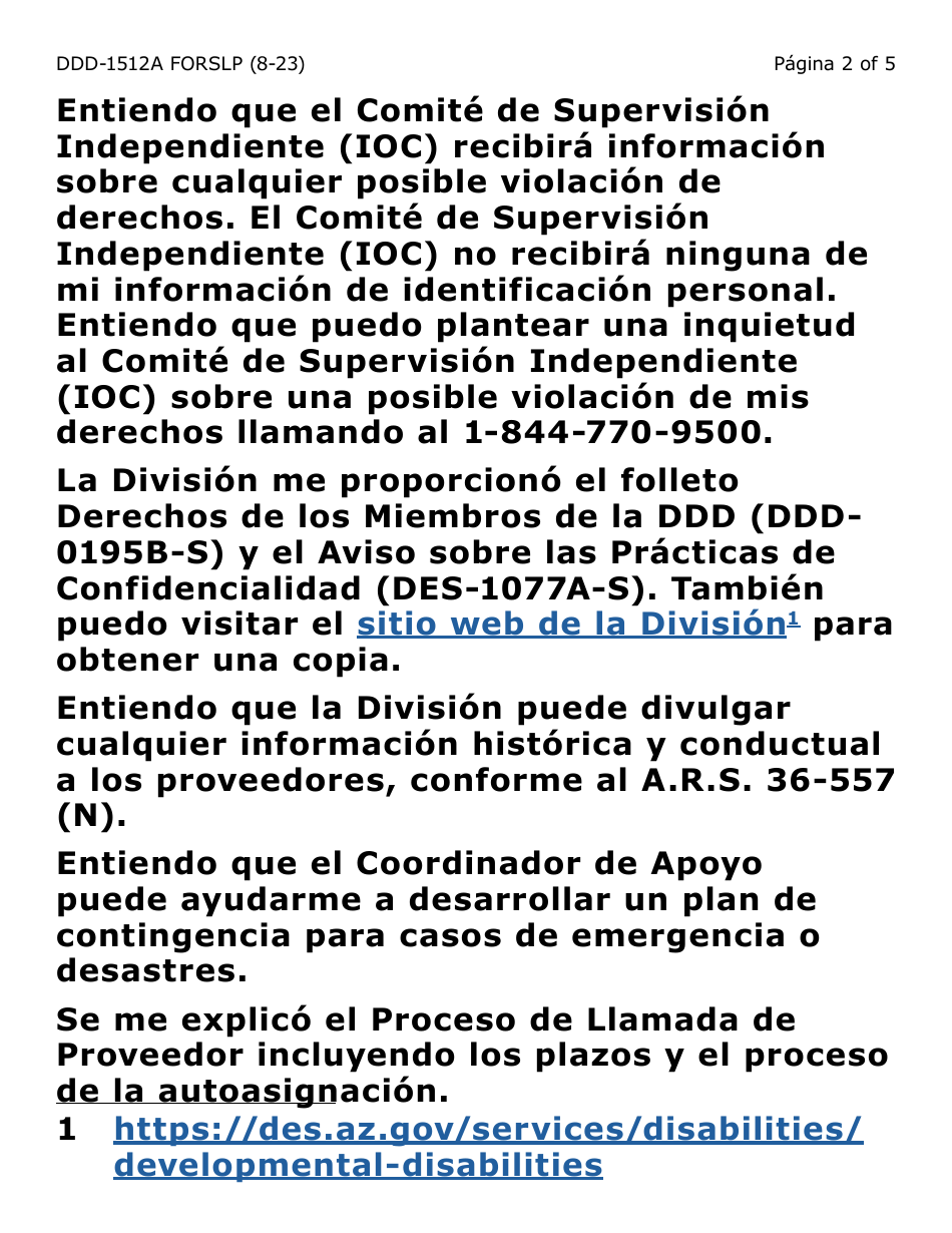 Form DDD-1512A-SLP Reconocimiento De Publicaciones E Informacion (Letra Grande) - Arizona, Page 2