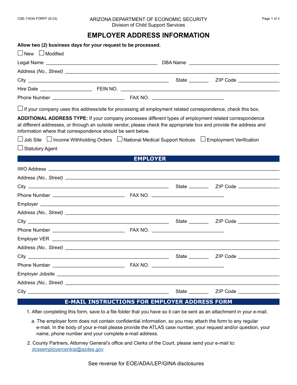 Form CSE-1163A Employer Address Information - Arizona, Page 1