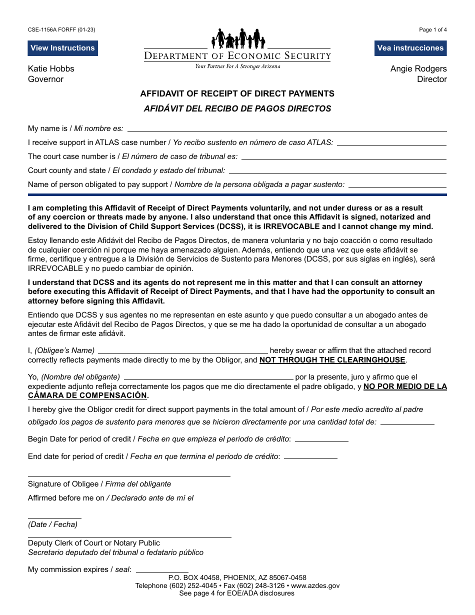 Form CSE-1156A Affidavit of Receipt of Direct Payments - Arizona (English / Spanish), Page 1