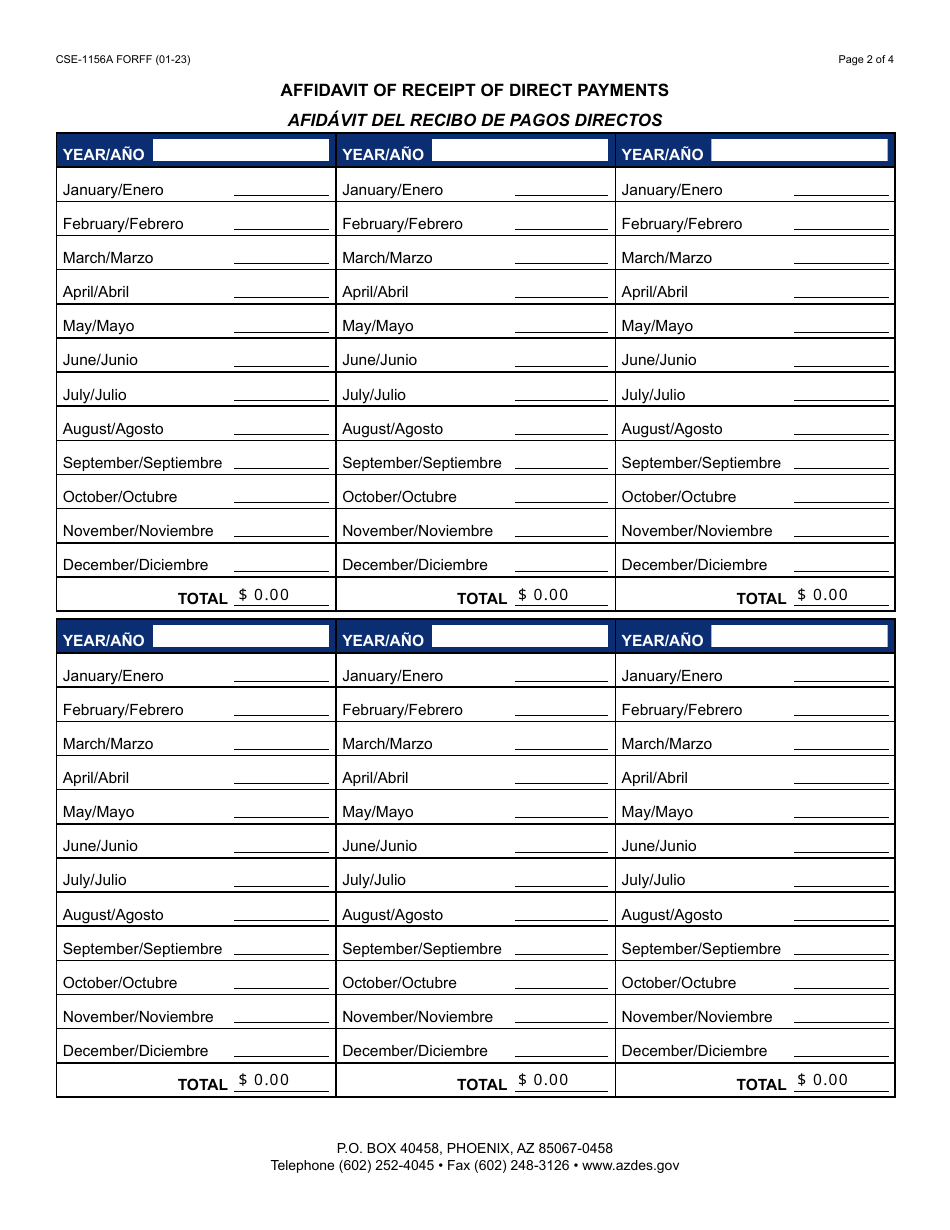 Form CSE-1156A Affidavit of Receipt of Direct Payments - Arizona (English / Spanish), Page 2