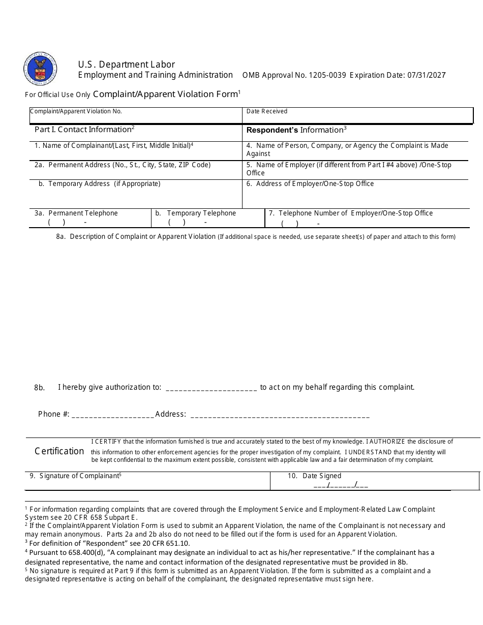ETA Form 8429 Complaint / Apparent Violation Form, Page 1