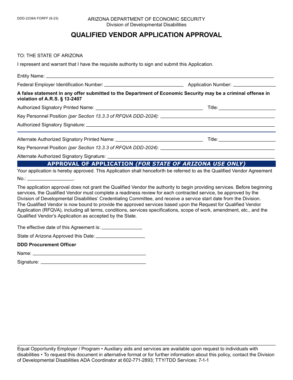 Form DDD-2236A Qualified Vendor Application Approval - Arizona, Page 1