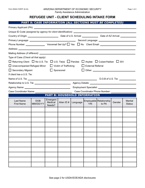 Form FAA-1855A Refugee Unit-Client Scheduling Intake Form - Arizona