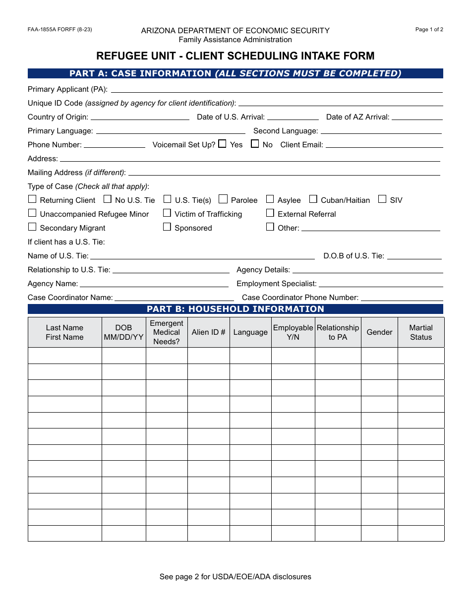 Form FAA-1855A Refugee Unit-Client Scheduling Intake Form - Arizona, Page 1