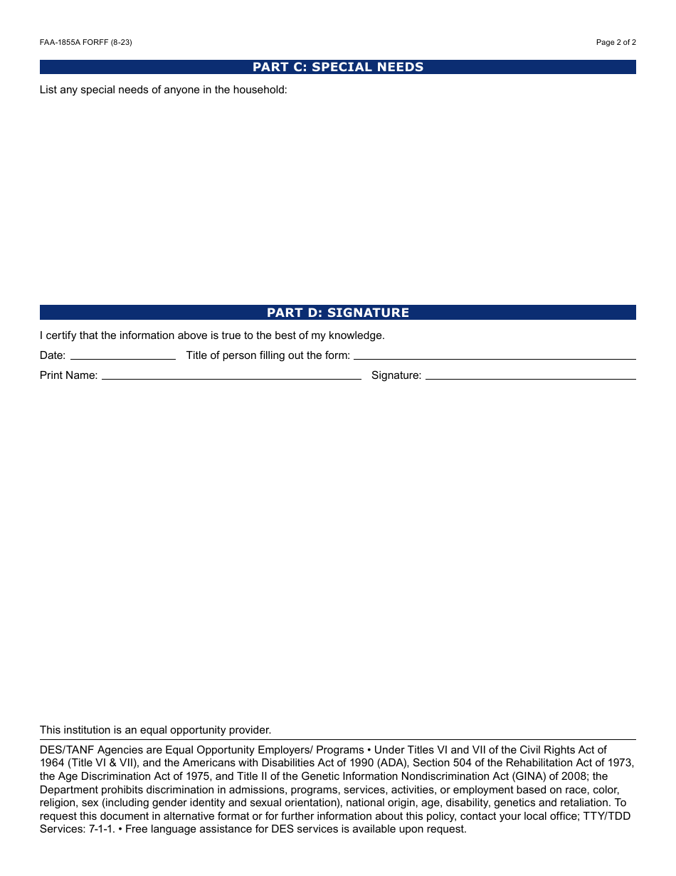 Form FAA-1855A Refugee Unit-Client Scheduling Intake Form - Arizona, Page 2
