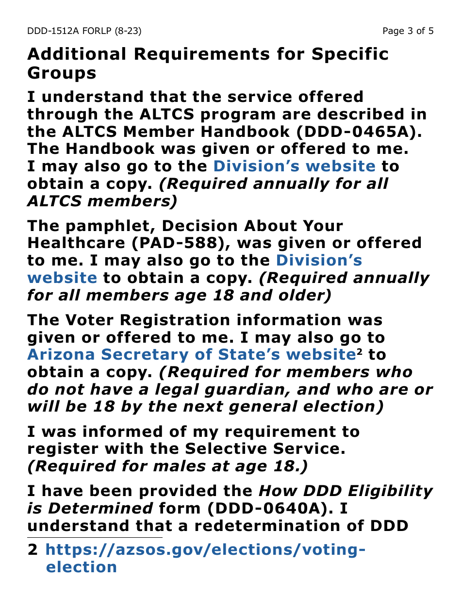 Form DDD-1512A-LP Acknowledgement of Publications / Information (Large Print) - Arizona, Page 3