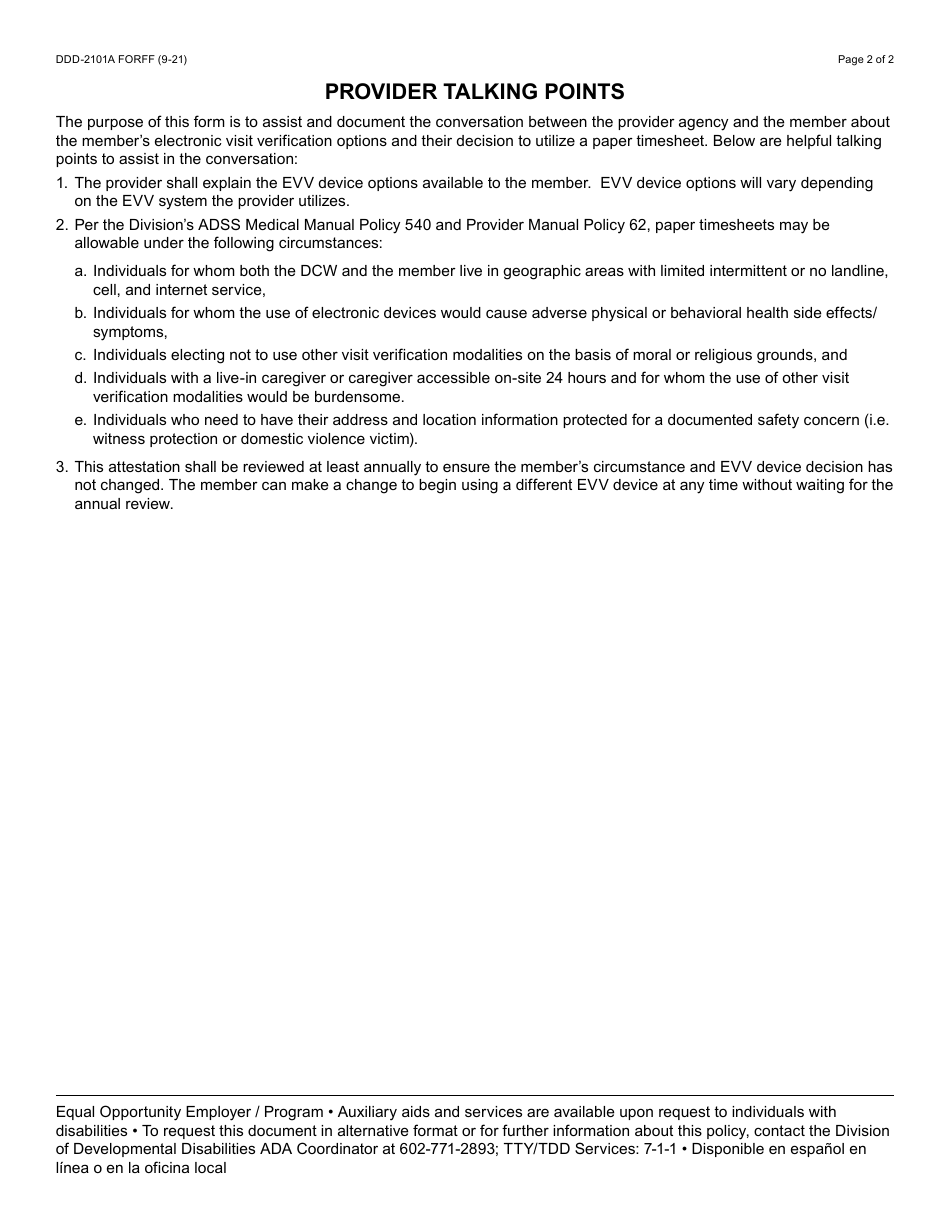 Form DDD-2101A Electronic Visit Verification (Evv) Paper Timesheet Attestation - Arizona, Page 2