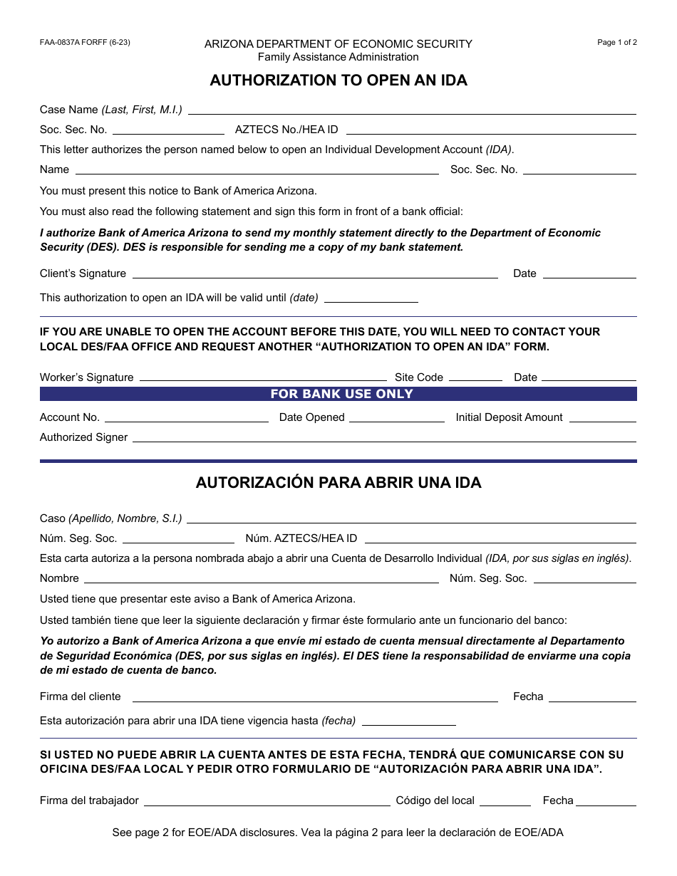 Form FAA-0837A Authorization to Open an Ida - Arizona (English / Spanish), Page 1