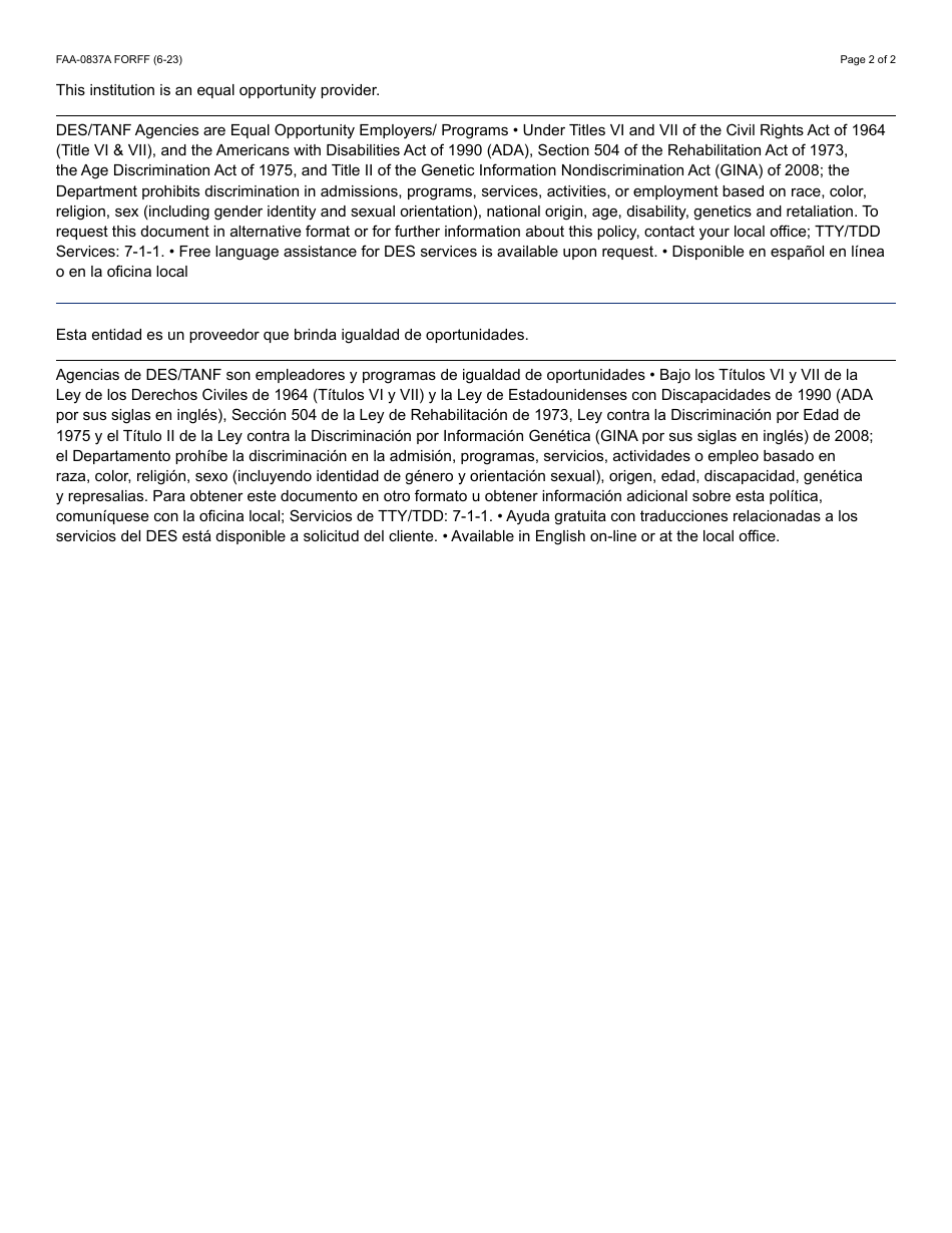 Form FAA-0837A Authorization to Open an Ida - Arizona (English / Spanish), Page 2