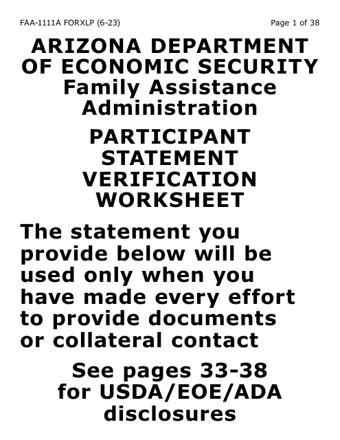 Form FAA-1111A-XLP Participant Statement Verification Worksheet (Extra Large Print) - Arizona